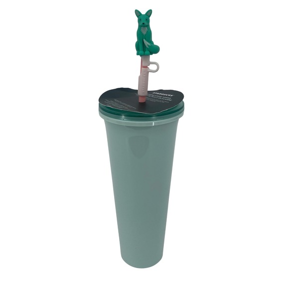 Starbucks Mint Green Cold Cup 24 oz Venti Tumbler Fox Straw Topper 2022 New - Picture 1 of 5